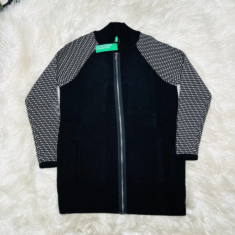 United Colors of Benetton Black & White Womens Zip Cardigan Sweater 124JE5269